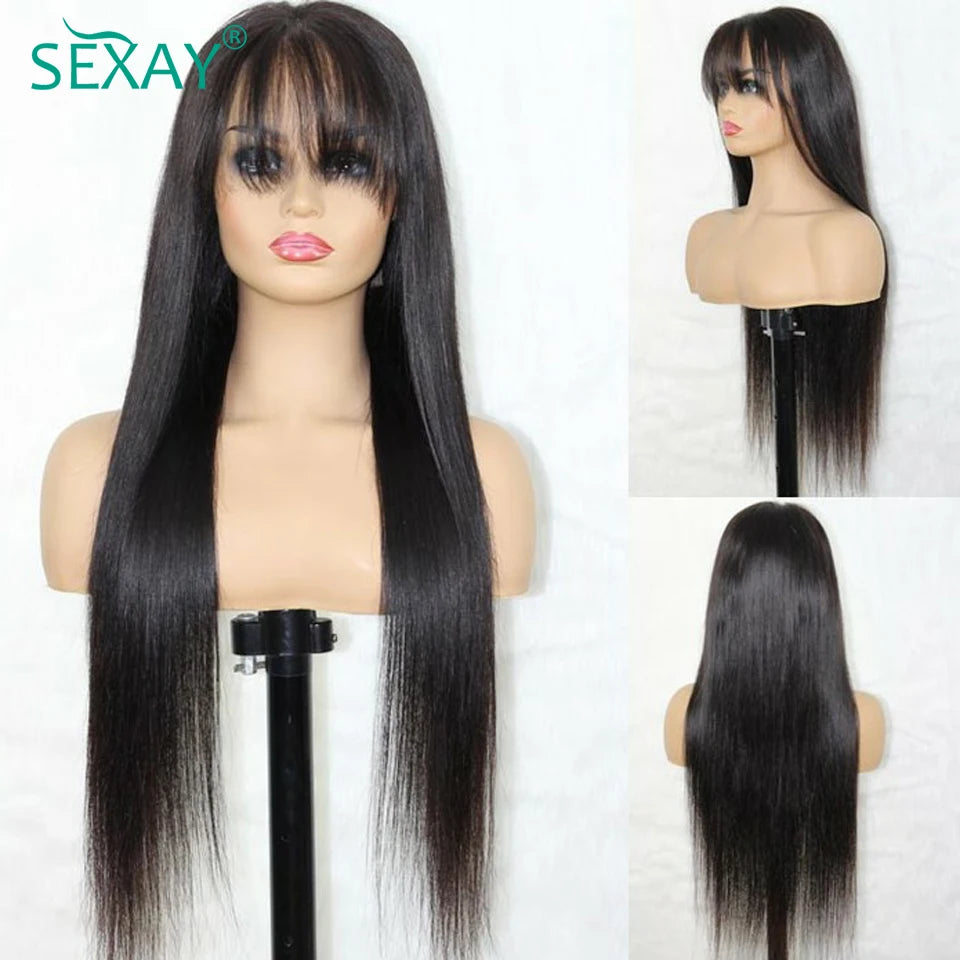 Natural Scalp Lace Front Wig With Bangs 180 Density Sexay Brazilian Straight Human Hair Bang Wigs Pre Plucked Lace Frontal Wigs