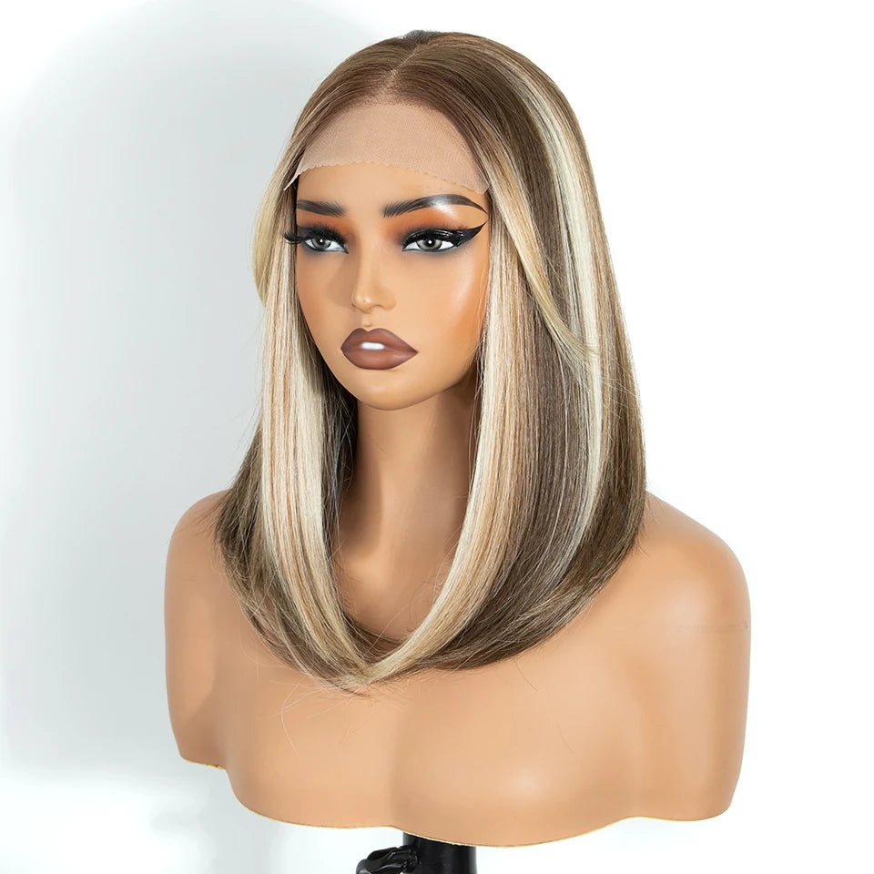 FREEDOM Synthetic Lace Front Wigs For Black Women 6X4 Pre-plucked Lace Wig 18" Bob Ombre Brown Highlight Blonde Daily Use Wig