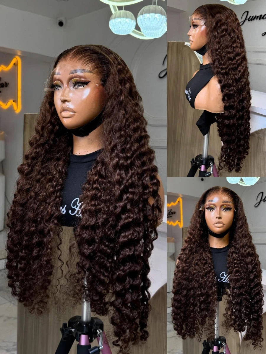 Chocolate Brown #4 Colored 13x4 Lace Front Wigs Deep Wave Human Hair 28 30 Inch Transparent Lace Frontal Wigs Curly Pre Plucked
