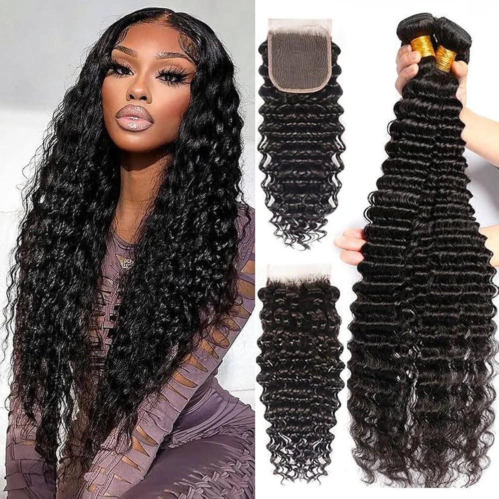 Brazilian Water Deep Wave Bundles with Frontal Natural Black Bundles Raw Hair Weaving 3 Bundles with Closure 4x4 For Extensions