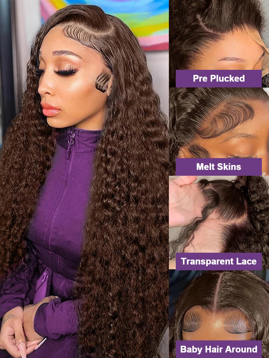Chocolate Brown #4 Colored 13x4 Lace Front Wigs Deep Wave Human Hair 28 30 Inch Transparent Lace Frontal Wigs Curly Pre Plucked