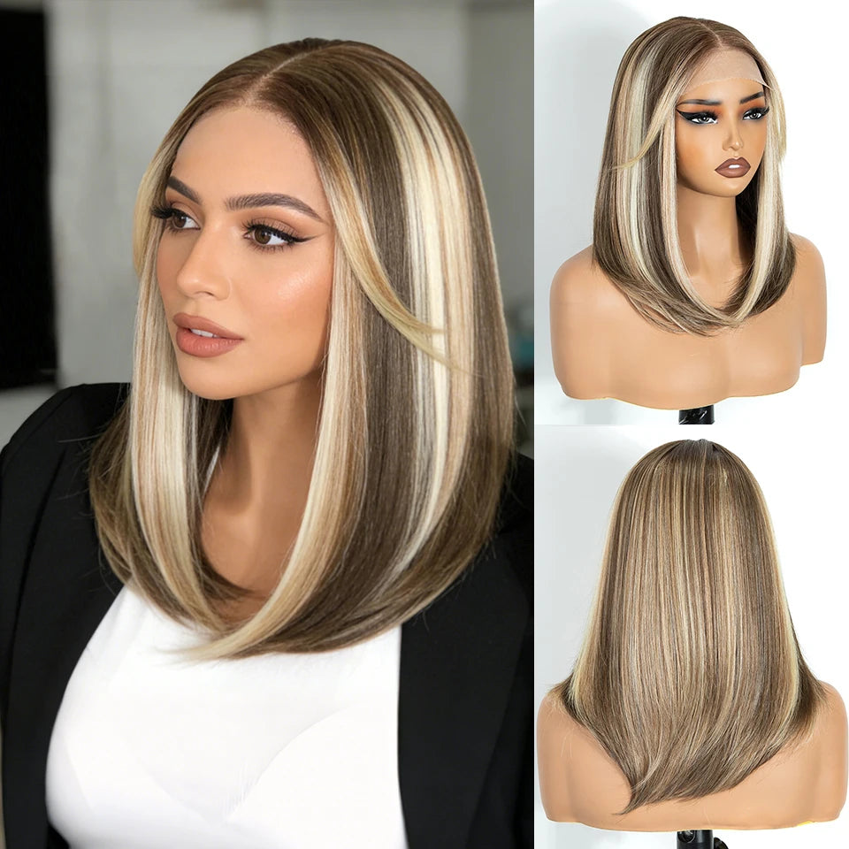 FREEDOM Synthetic Lace Front Wigs For Black Women 6X4 Pre-plucked Lace Wig 18" Bob Ombre Brown Highlight Blonde Daily Use Wig