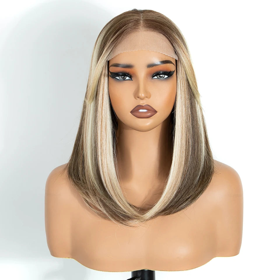 FREEDOM Synthetic Lace Front Wigs For Black Women 6X4 Pre-plucked Lace Wig 18" Bob Ombre Brown Highlight Blonde Daily Use Wig