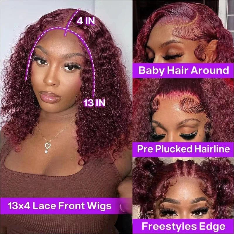 Burgundy Short Bob Wigs Deep Wave 13X4 HD Lace Frontal Wig 99J Water Curly 100% Human Hair Wigs 200% for Women 14 16 Inches