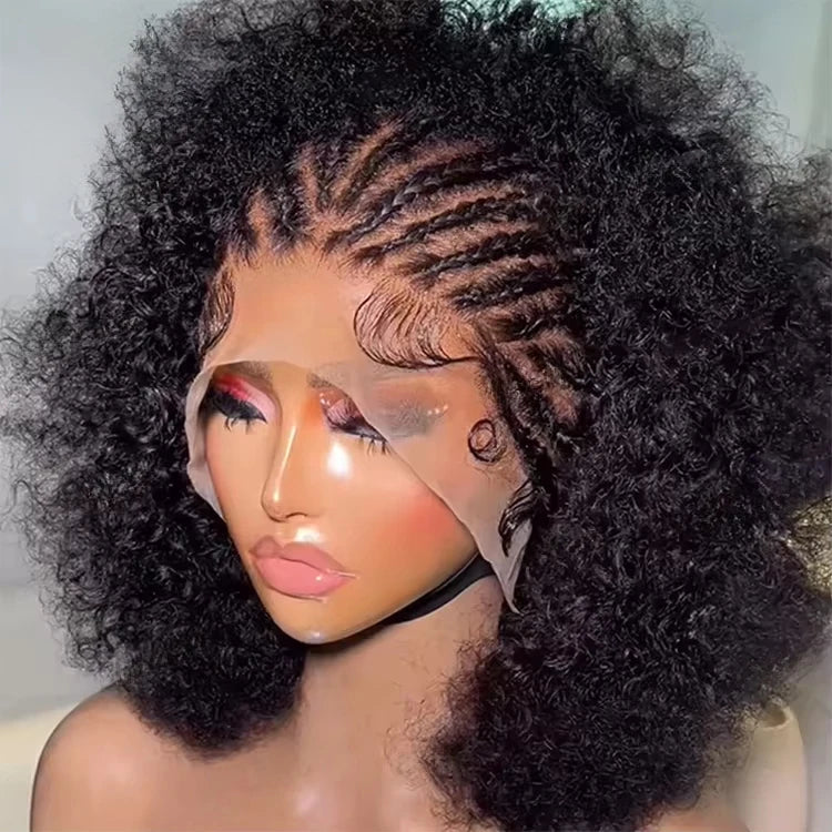 Indian Short Bob Wig Afro Bouncy Curly Triangle Knotless Box Braided Wigs for Women Half Braided 13X4 Lace Front Human Hair Wigs