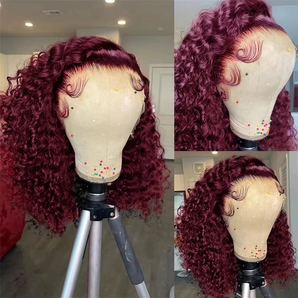 Burgundy Short Bob Wigs Deep Wave 13X4 HD Lace Frontal Wig 99J Water Curly 100% Human Hair Wigs 200% for Women 14 16 Inches