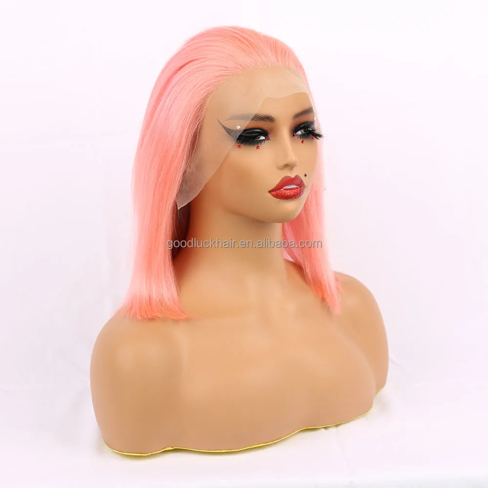 GL Cheap Wholesale Brazilian Pink Bob Wigs Double Drawn Human Hair Wigs for Black Women HD Transparent Pink Lace Front Wigs