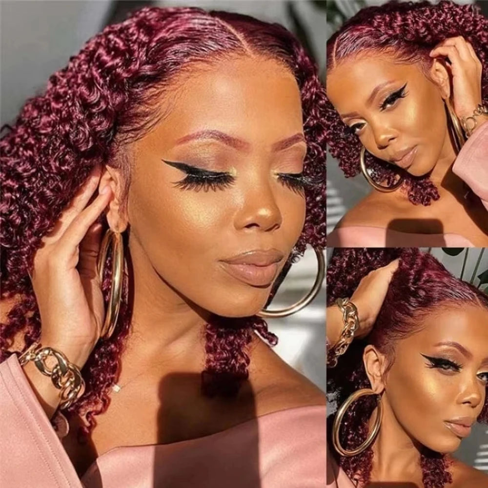 Burgundy Short Bob Wigs Deep Wave 13X4 HD Lace Frontal Wig 99J Water Curly 100% Human Hair Wigs 200% for Women 14 16 Inches
