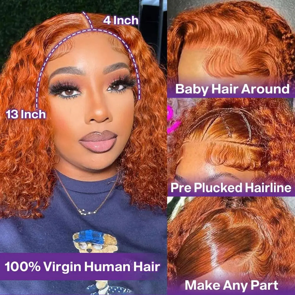 #350 Ginger 13x4 Transparent HD Lace Front Human Hair Wigs Deep Wave Curly Hair Colored Short Bob Wigs for Black Women