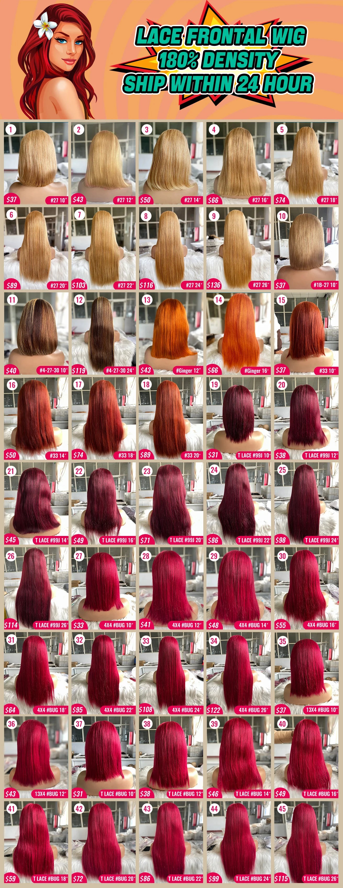 Hot Selling Wholesale Colored Human Hair Wigs, HD Lace Front Wig, Ginger Orange Red Wigs Lace Front Human Hair for Black Women