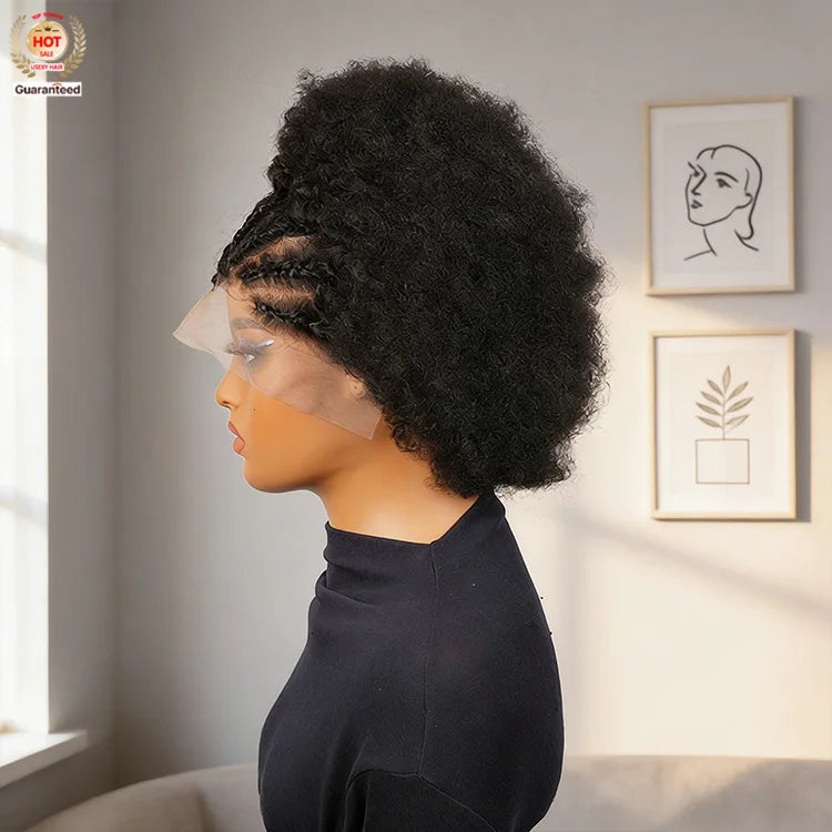 Indian Short Bob Wig Afro Bouncy Curly Triangle Knotless Box Braided Wigs for Women Half Braided 13X4 Lace Front Human Hair Wigs