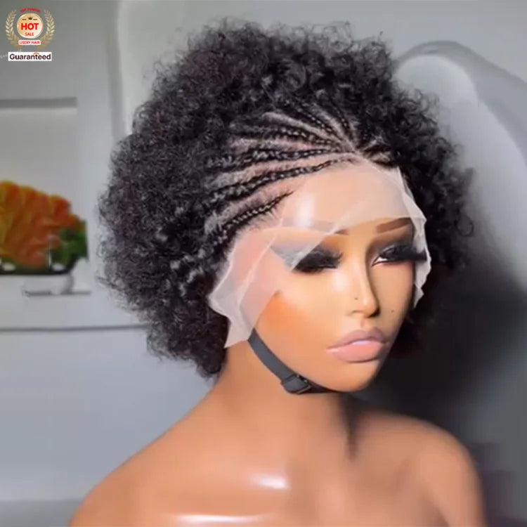 Indian Short Bob Wig Afro Bouncy Curly Triangle Knotless Box Braided Wigs for Women Half Braided 13X4 Lace Front Human Hair Wigs