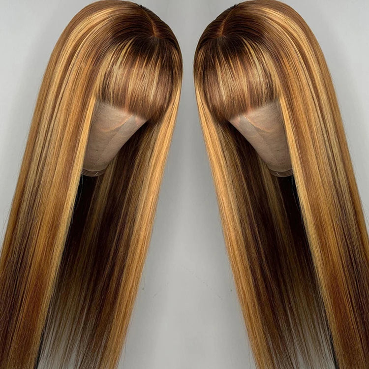 Bone Straight Human Hair 13*4 Honey Brown Highlight Color Lace Front Wigs Brazilian Hair Wigs With Baby Hair