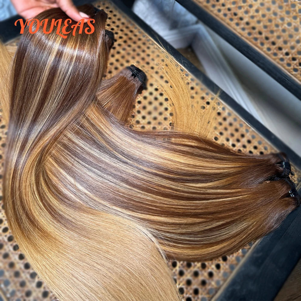 Highlight 4/27 Blonde Color Straight Human Hair Bundles 100% Unprocessed Virgin Hair Weave 3 Bundles Hair Extensions  For Women