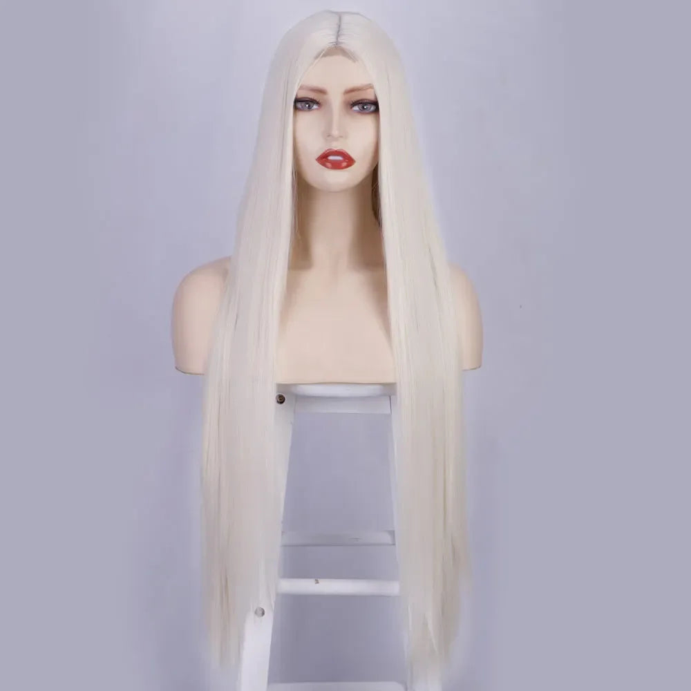 Long Synthetic Straight Wig 32 Inch White Middle Part Wigs for Women Cosplay Blonde Ginger Heat Resistant Fiber Hair Wig