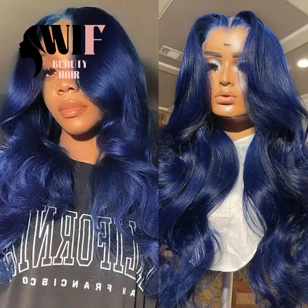 WIF Dark Blue Body Wavy Synthetic Wig Long Wavy Hair Women Cosplay Natural Hairline Lace Front Wigs Heat Fiber Blue Wigs