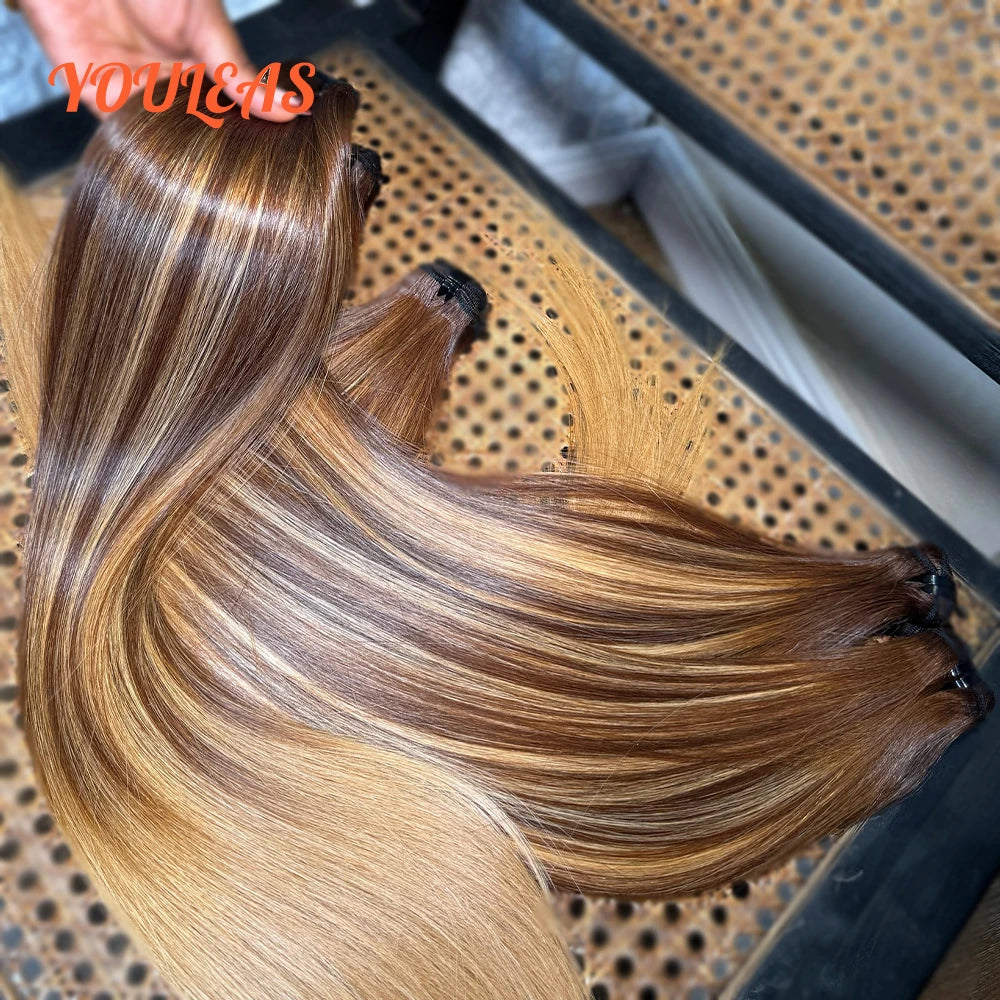 Highlight 4/27 Blonde Color Straight Human Hair Bundles 100% Unprocessed Virgin Hair Weave 3 Bundles Hair Extensions  For Women