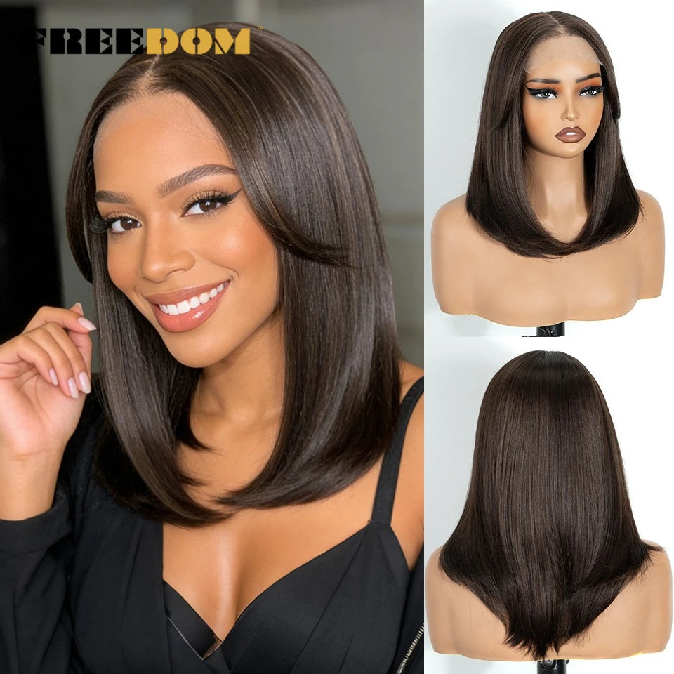 FREEDOM Synthetic Lace Front Wigs For Black Women 6X4 Pre-plucked Lace Wig 18" Bob Ombre Brown Highlight Blonde Daily Use Wig