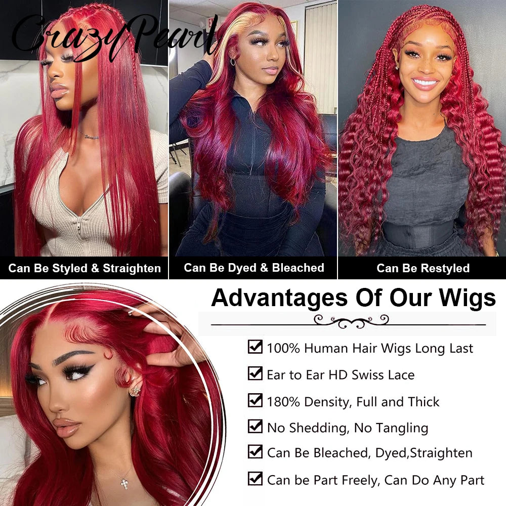 99J Burgundy Lace Front Wigs Human Hair Red Burgundy Wig 250% Density 13X6 Body Wave Lace Front Wigs Pre Plucked Glueless Lace