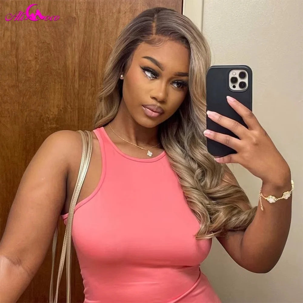 13X6 Ombre Blonde Colored Frontal Wig Human Hair for Women Transparent 13X6 Lace Front Human Hair Wig with Dark Root Pre Plucked