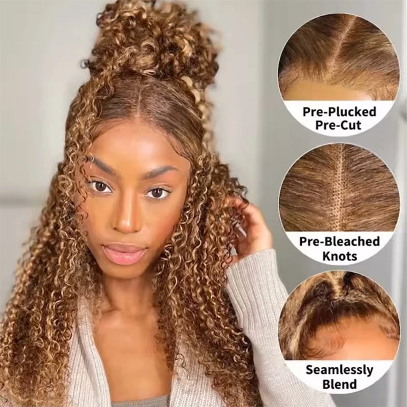 P427 Honey Blonde 360 Full Lace Wig High Light Curly Human Hair Pre-Plucked Deep Wave Glueless Invisible Strap Lace Frontal Wig