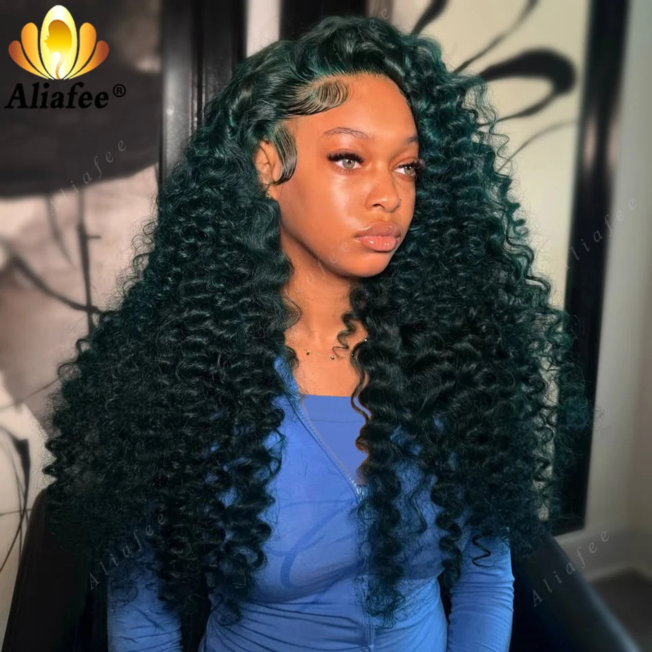Dark Green Loose Curly Wigs 200 Density 13x6 Hd Lace Frontal Wigs Brazilian Deep Wave Curly Human Hair Wigs Pre Plucked Wig