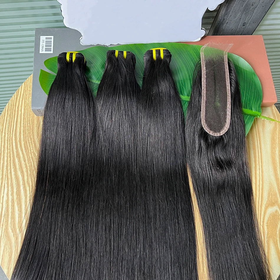 Straight Bundles With 2x6 HD Invisible Lace Closure Human Hair Natural Color Vietnamese Raw Hair Weaving Extensions For Women