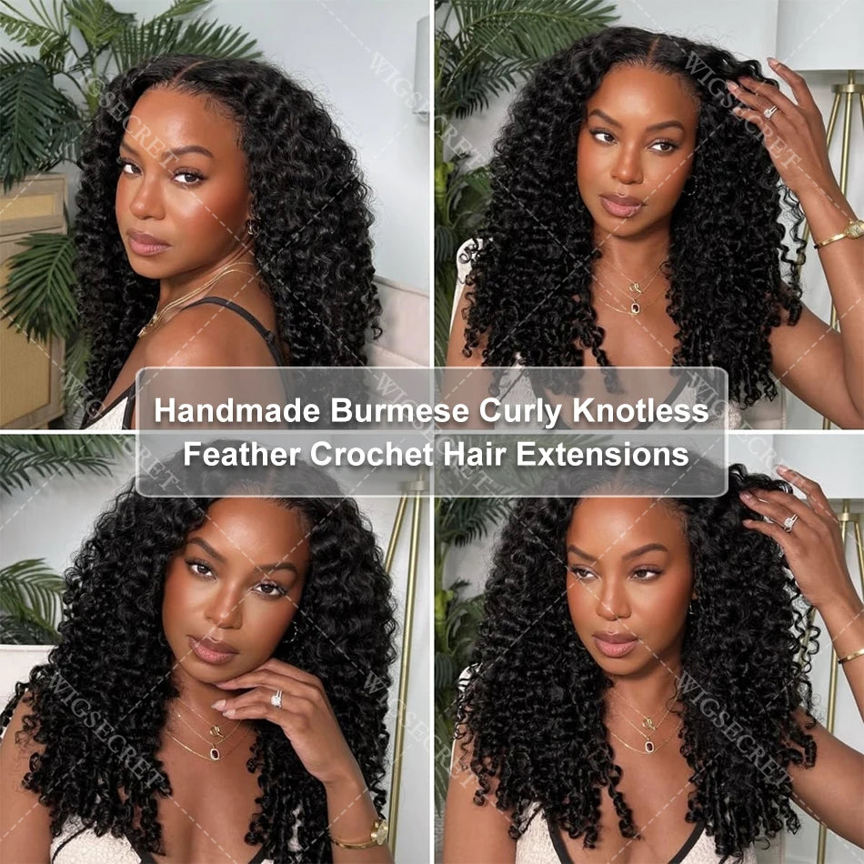 12A P4/27 Burmese Curly Human Hair Pre-Separated Knotless  Highlight Pixie Curls Feather Crochet Miracle Knots Hair Extensions