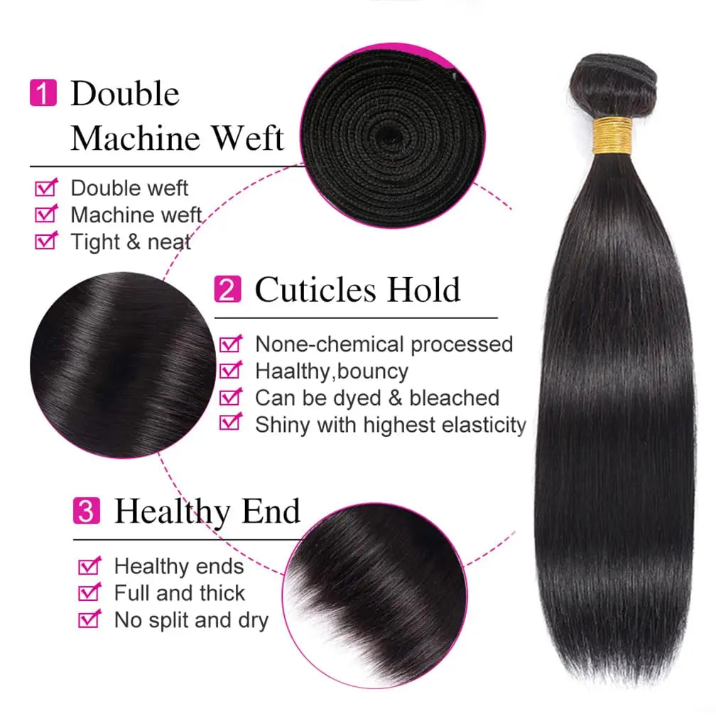 Straight Bundles and Closure Brazilian Human Hair 3 Bundles with 4x4 HD Closure Pre Plucked Natural Black Bundles with Closure
