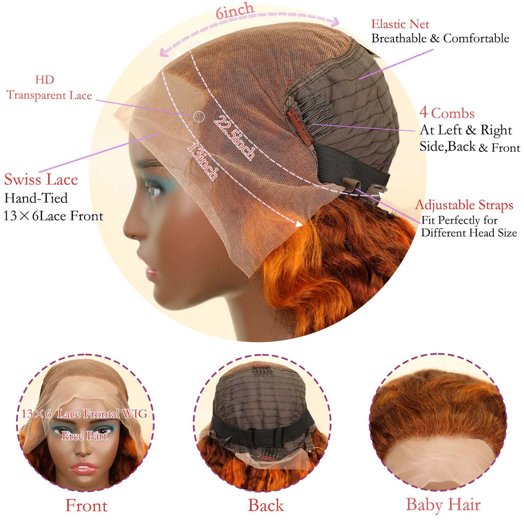 Water Wave 4/350 Highlight 13x6 HD Lace Frontal Human Hair Wigs Brazilian Ginger Orange Brown Piano Colored Human Hair Wigs 200%