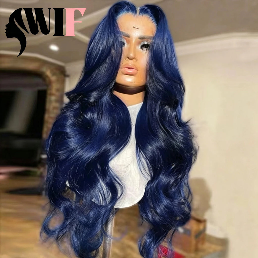 WIF Dark Blue Body Wavy Synthetic Wig Long Wavy Hair Women Cosplay Natural Hairline Lace Front Wigs Heat Fiber Blue Wigs