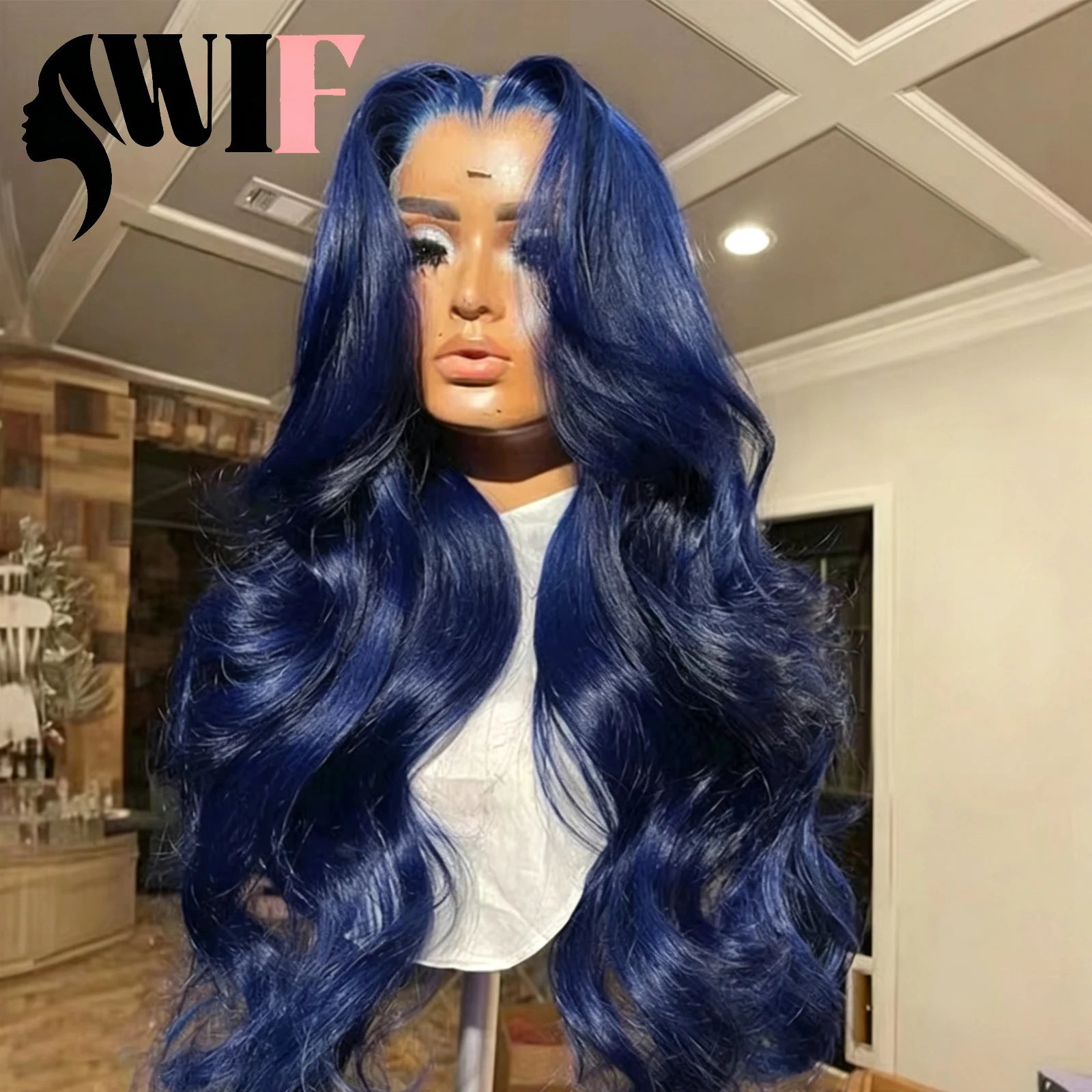 WIF Dark Blue Body Wavy Synthetic Wig Long Wavy Hair Women Cosplay Natural Hairline Lace Front Wigs Heat Fiber Blue Wigs