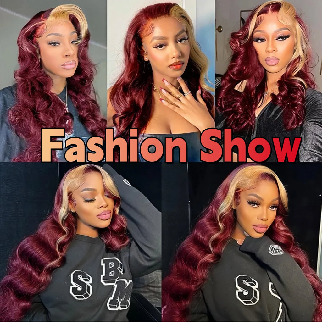 99J/613 Balayage Highlight Body Wave 13x4 Lace Front Brazilian Human Hair Wigs 30 Inch Ombre Burgundy Blonde Red Colored Wigs