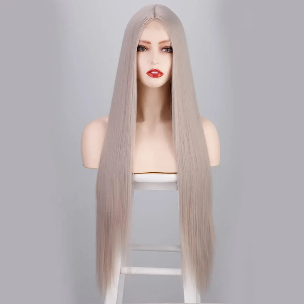 Long Synthetic Straight Wig 32 Inch White Middle Part Wigs for Women Cosplay Blonde Ginger Heat Resistant Fiber Hair Wig