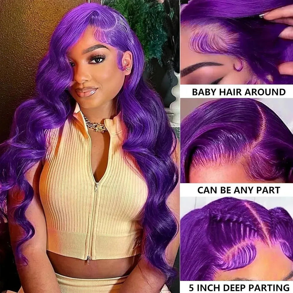 Purple Wig Long Natural Curly Wavy Wig for Women Synthetic Free Part Loose Deep Wave 13X4 Colored Wigs for Daily Party Cosplay