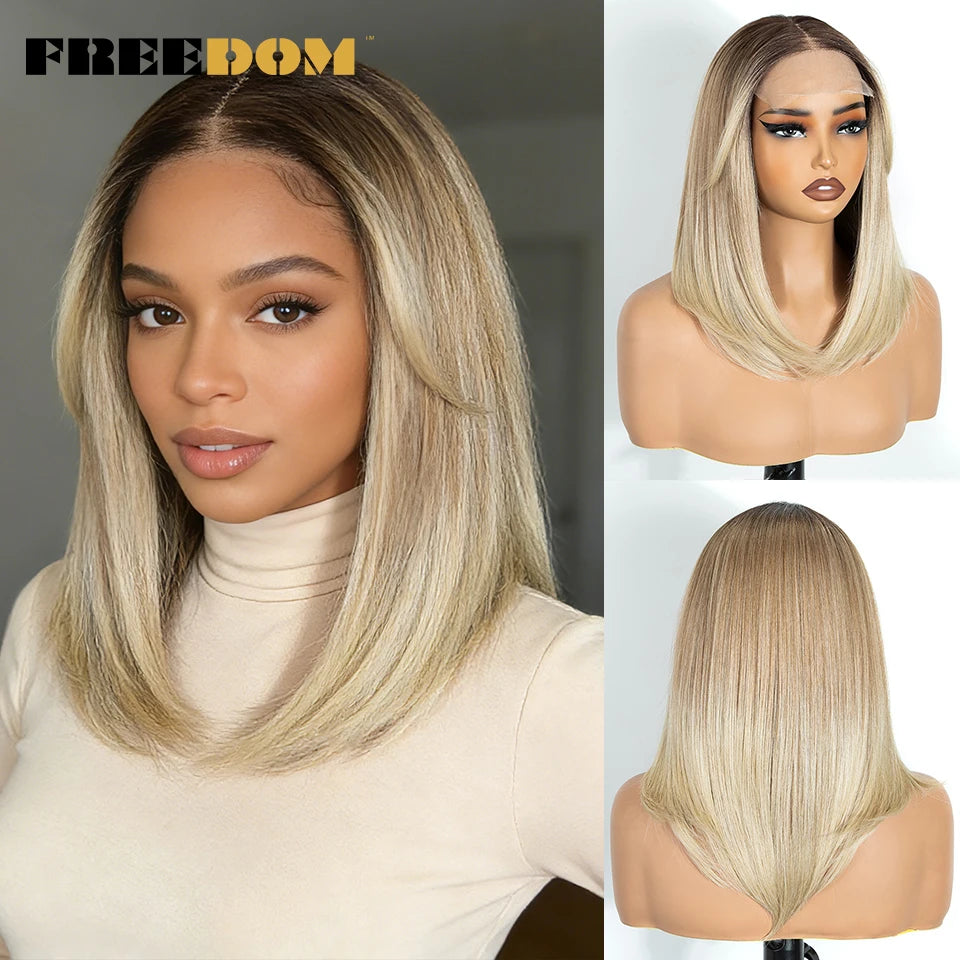 FREEDOM Synthetic Lace Front Wigs For Black Women 6X4 Pre-plucked Lace Wig 18" Bob Ombre Brown Highlight Blonde Daily Use Wig