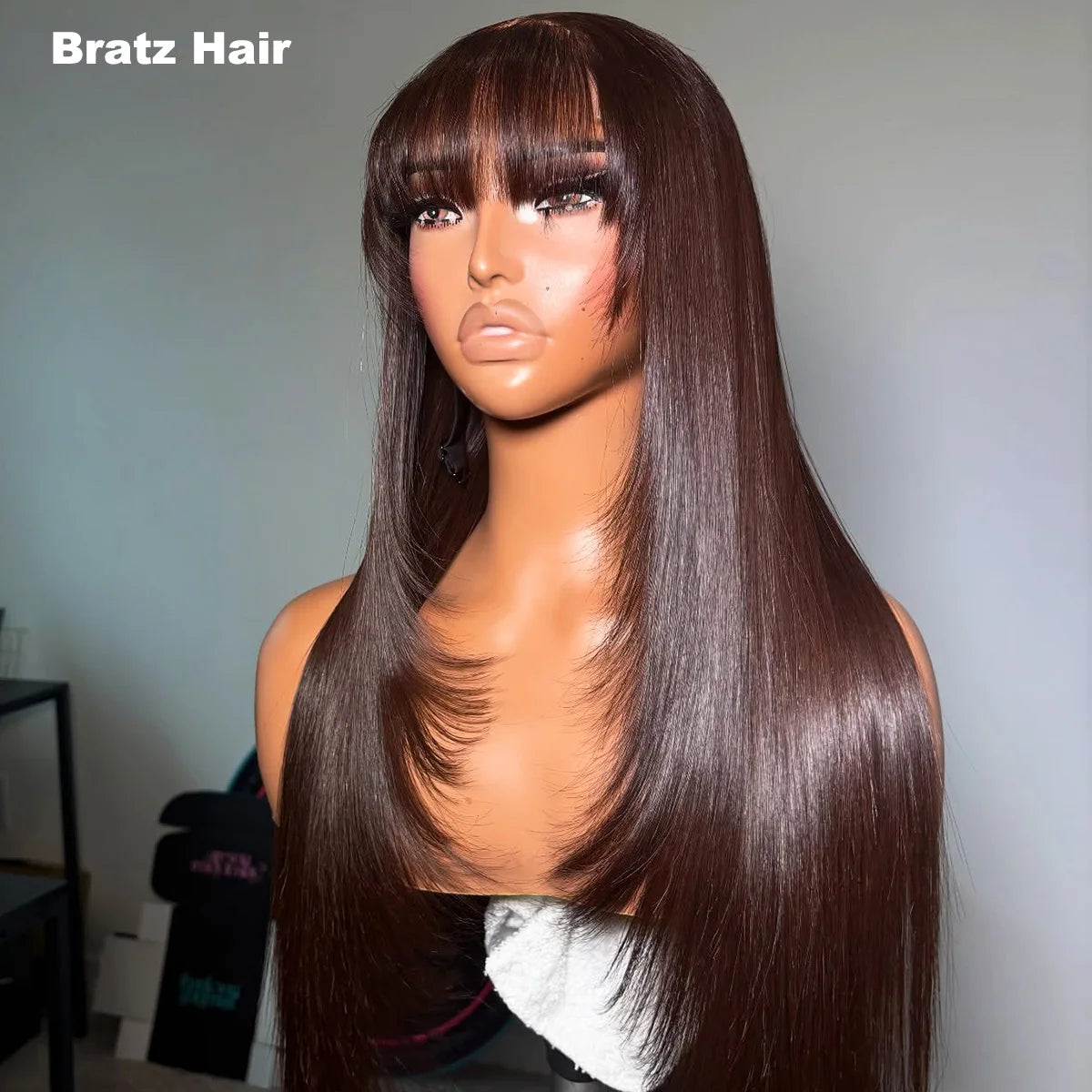 Layered Cut Chocolate Brown 4x4 5x5 Lace Closure Straight Fringe Wigs Human Hair 13x6 13x4 Lace Front Glueless Wigs with Bangs