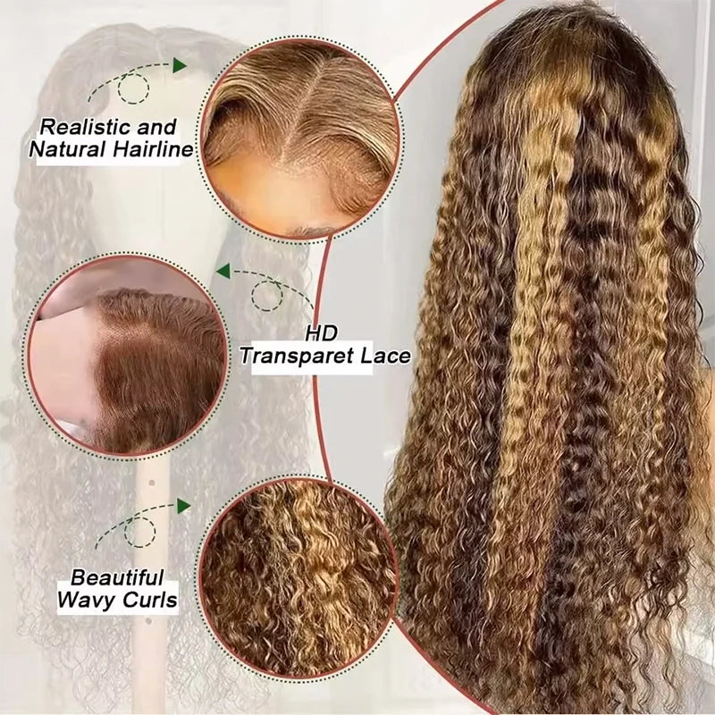 P427 Honey Blonde 360 Full Lace Wig High Light Curly Human Hair Pre-Plucked Deep Wave Glueless Invisible Strap Lace Frontal Wig